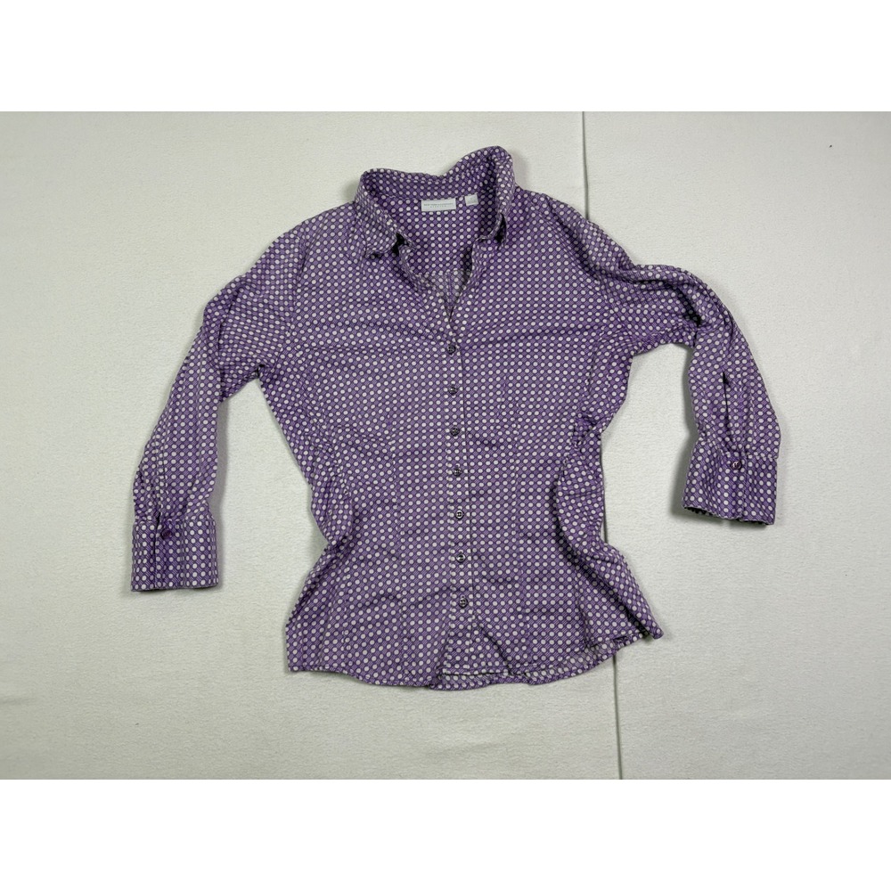 New York & Company Purple Polka Dot Stretch Button Down Shirt Womens Medium